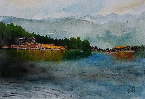 Painting by Dr Kanak Sharma - House boats on lake