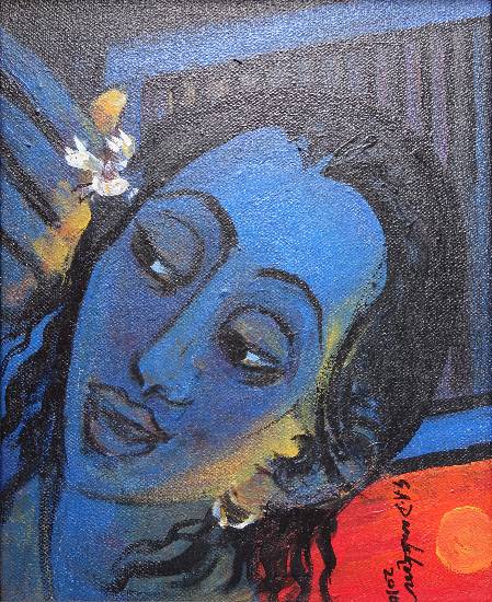 Painting by G A Dandekar - Lady with Bird