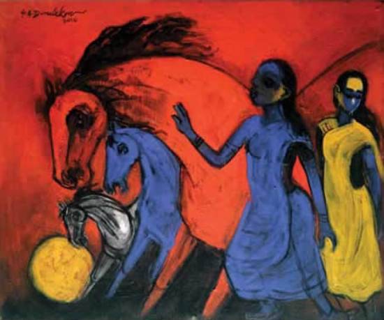 Painting by G A Dandekar - Ladies with Horses