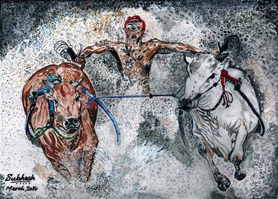 Painting by Subhash Bhate - Bulls running through slush