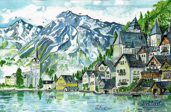 Painting by Subhash Bhate - Mountain Lake