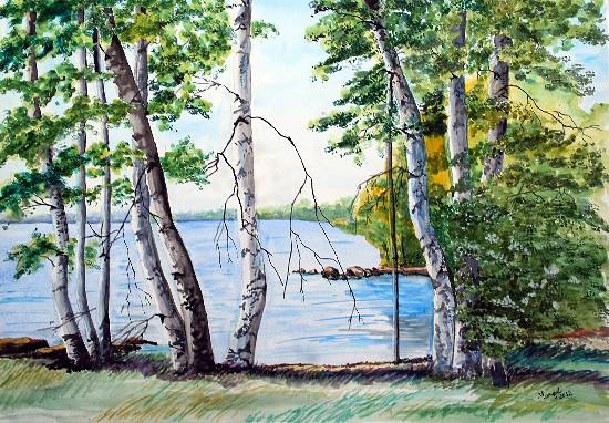 Painting by Mangal Gogte - Birches by the sea, Finland
