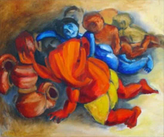 Painting by Milon Mukherjee - Ganesha, Govinda & the Gang