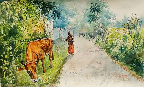 Painting by Lasya Upadhyaya - Daybreak in Kerala