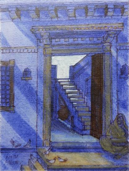 Painting by Natubhai Mistry - Blue House - 2