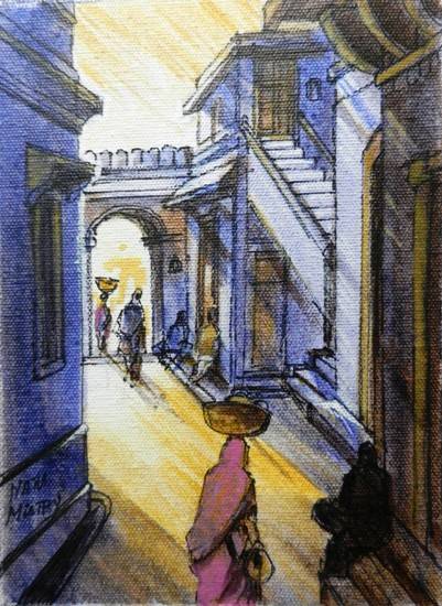 Painting by Natubhai Mistry - Blue Street