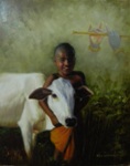 Cow with Boy, Painting by Vilas Chormale