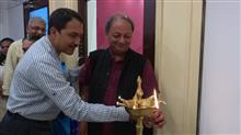 Mr Vijay Vaidya & Mr Milind Sathe lighting the lamp at the inauguration of the show Beautiful Spaces at Jehangir Art Gallery