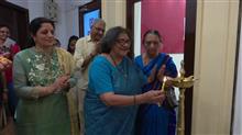 Mrs Neena Rege lighting the lamp at the inauguration of the show Beautiful Spaces at Jehangir Art Gallery