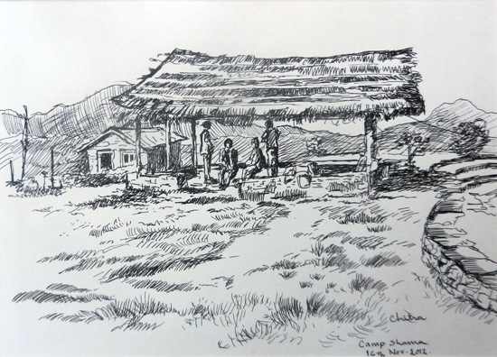 At Camp Shama, Kumaon , painting by Chitra Vaidya