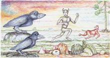 Colours of Life, Man trying to distabilise two staunch crows painting by Gopi Krishna, Pastel on paper, 19 X 10 inches