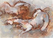 Colours of Life, Defiant horses painting by Hema Joshi, Mixed media on paper, 19.5 X 14 inches