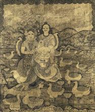 Colours of Life, Parivar painting by Jayasri Burman, Pen and ink on gold board, 18 X 21 inches