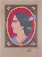 Colours of Life, Woman with a butterfly by Lalu Prasad Shaw, Tempera on acid free board, 15 X 20.5 inches