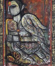 Colours of Life, The flying apsara,  painting by Rini Dhumal, Oil on canvas, 30 x 36 inches