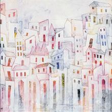 Colours of Life, White house,  painting by Suresh Gulage, Acrylic on canvas, 35.5 x 35.5 inches