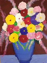 Flowers in a Blue Vase, Painting by Sohini Ghosh, Acrylic on canvas, 15.75 x 11.81 inches