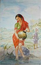 On the river bank, Painting by Mrudula Bapat, Watercolor on paper, 20 x 13 inches