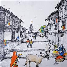 Untitled - 84, Painting by Natubhai Mistry, Acrylic on Canvas board, 16 x 16 inches