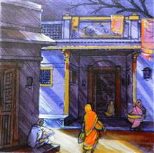 Blue House, painting by Natu Mistry, Acrylic on Canvas, 12 x 12 inches