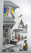 Pooja Time, painting by Natu Mistry, Acrylic on Canvas, 24 x 12  inches