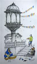 Steps Chabutara, painting by Natu Mistry, Acrylic on Canvas, 24 x 12 inches 