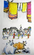 Village, painting by Natu Mistry, Acrylic on Canvas, 24 x 12 inches 