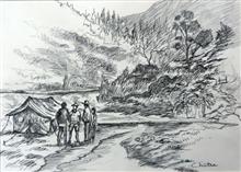 Campsite at River Ramganga Kumaon - 1, sketch by Chitra Vaidya, Ink & Charcoal on Paper, 8 x 10.5 inches, Mount - 11 x 14  inches