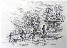 Dhaba in Kumaon - 1, sketch by Chitra Vaidya, Ink & Pen on Paper, 8 x 10.5 inches, Mount - 11 x 14 inches
