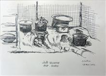 Dhaba in Kumaon - 2, sketch by Chitra Vaidya, Ink & Pen on Paper, 8 x 10.5 inches, Mount - 11 x 14  inches