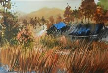 Golden Grass Kumaon - 3, painting by Chitra Vaidya, Watercolour on Paper, 6.5 x 9.5 inches, Mount - 9.5 x 12 inches