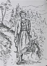 Kumaoni People - 6, sketch by Chitra Vaidya, Ink & Pen on Paper, 5.5 x 4 inches, Mount - 11 x 14 inches