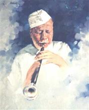 Bismilah Khan, painting by Anwar Husain, Papier Maiche on Canvas, 30 x 24 inches