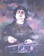 Shivkumar Sharma, painting by Anwar Husain, Oil on Canvas Board, 30 x 24 inches