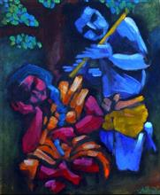 Krishna and Muse ii, painting by Milon Mukherjee
