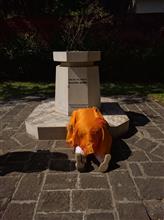 Ms Sekacheva Ludimila bowing at the memorial where ashes of Mahatma Gandhi have been kept
