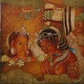 Dark Princess with golden lily flower, Ajanta painting by Vijay Kulkarni, Acrylic on Canvas, 24 X 24