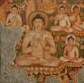 Three Buddha in Lotus, Ajanta painting by Vijay Kulkarni, Acrylic on Canvas, 42 X 42