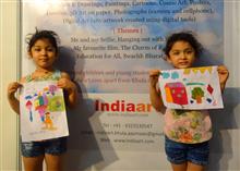 Twin girls at Khula Aasman stall with their paintings, at Bharatiya Vigyan Sammelan 2017