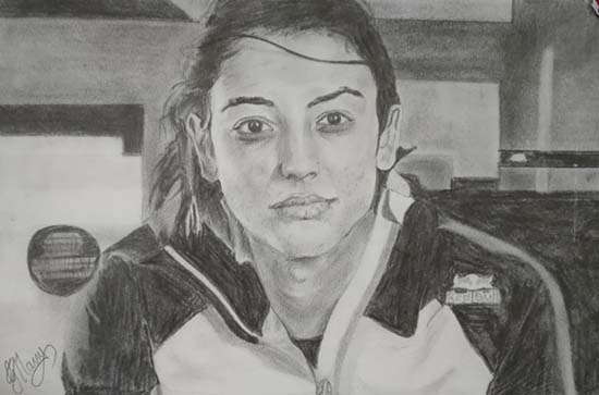 Pencil portrait sketch of Smriti Mandhana by Manu M - medal winner in Khula Aasmaan drawing & painting competition