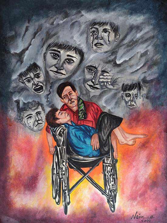 Disability painting by Naina Somani - medal winner in Khula Aasmaan international online painting competition