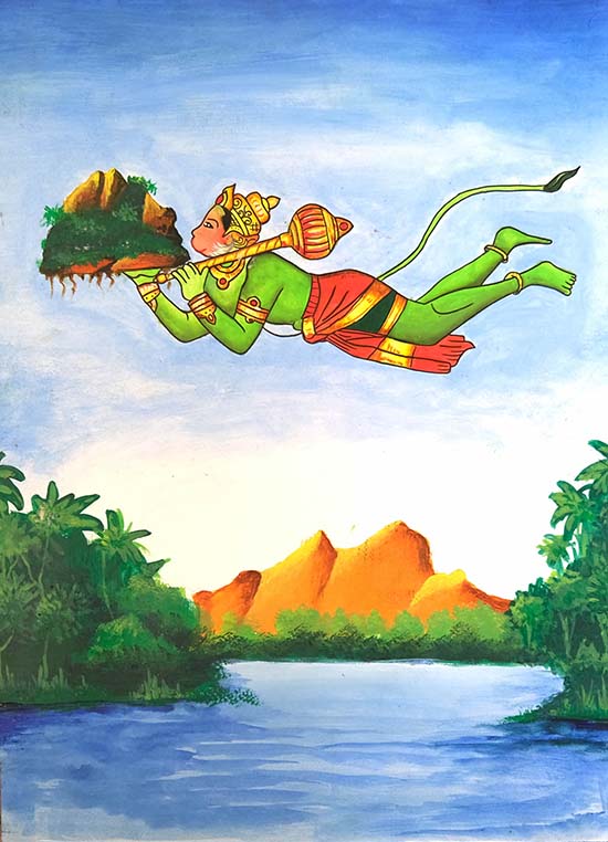 painting of Hanuman carrying Dronagiri Mountain was shortlisted from Ramayana art contest by Khula Aasmaan