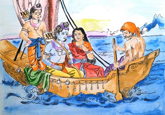 Rama, Sita and Lakshman crossing river with Kevat, painting by Chinmayee Lokhande