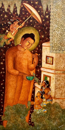 Buddha in Kapilavastu (Ajanta series), painting by Vijay Kulkarni