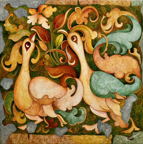 Decoration – Two Hansa (Ajanta series), painting by Vijay Kulkarni