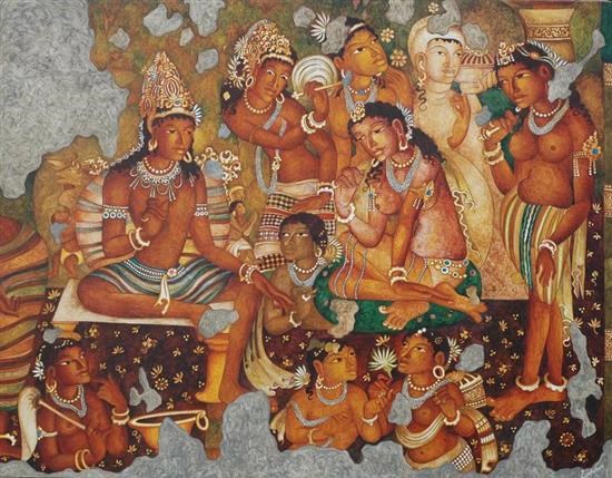 Part of an unidentified scene (Ajanta series), painting by Vijay Kulkarni