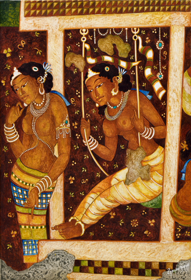 painting by Vijay Kulkarni - Arundhati on a swing (Ajanta series)