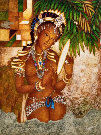 Painting  by Vijay Kulkarni - Lady with mirror (Ajanta series)