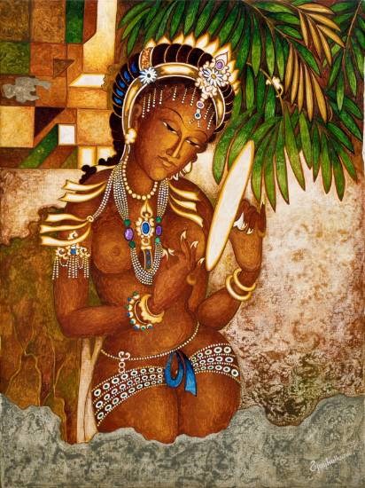 Lady with mirror (Ajanta series), painting by Vijay Kulkarni