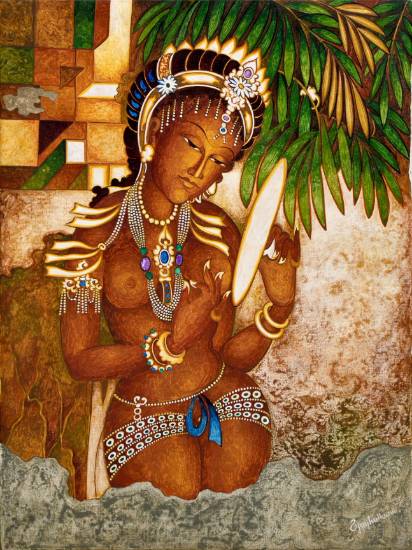 painting by Vijay Kulkarni - Lady with mirror (Ajanta series)